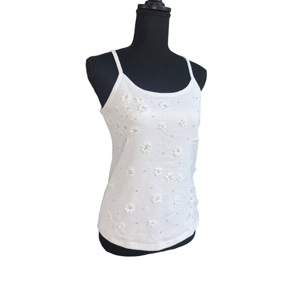 A New Day Womens White Floral Embellished Ribbed Tank Top With Spaghetti Straps - Picture 3 of 15